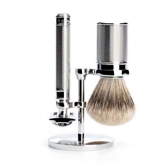 MÜHLE Traditional Series Chrome Safety Razor &amp; Shaving Brush Stand, With Razor and Brush