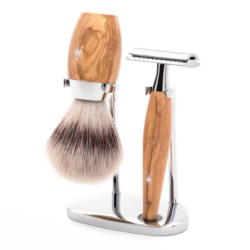 Conjunto de barbear MÜHLE Kosmo Olive Wood de 3 peças com fibra Silvertip e lâmina de segurança