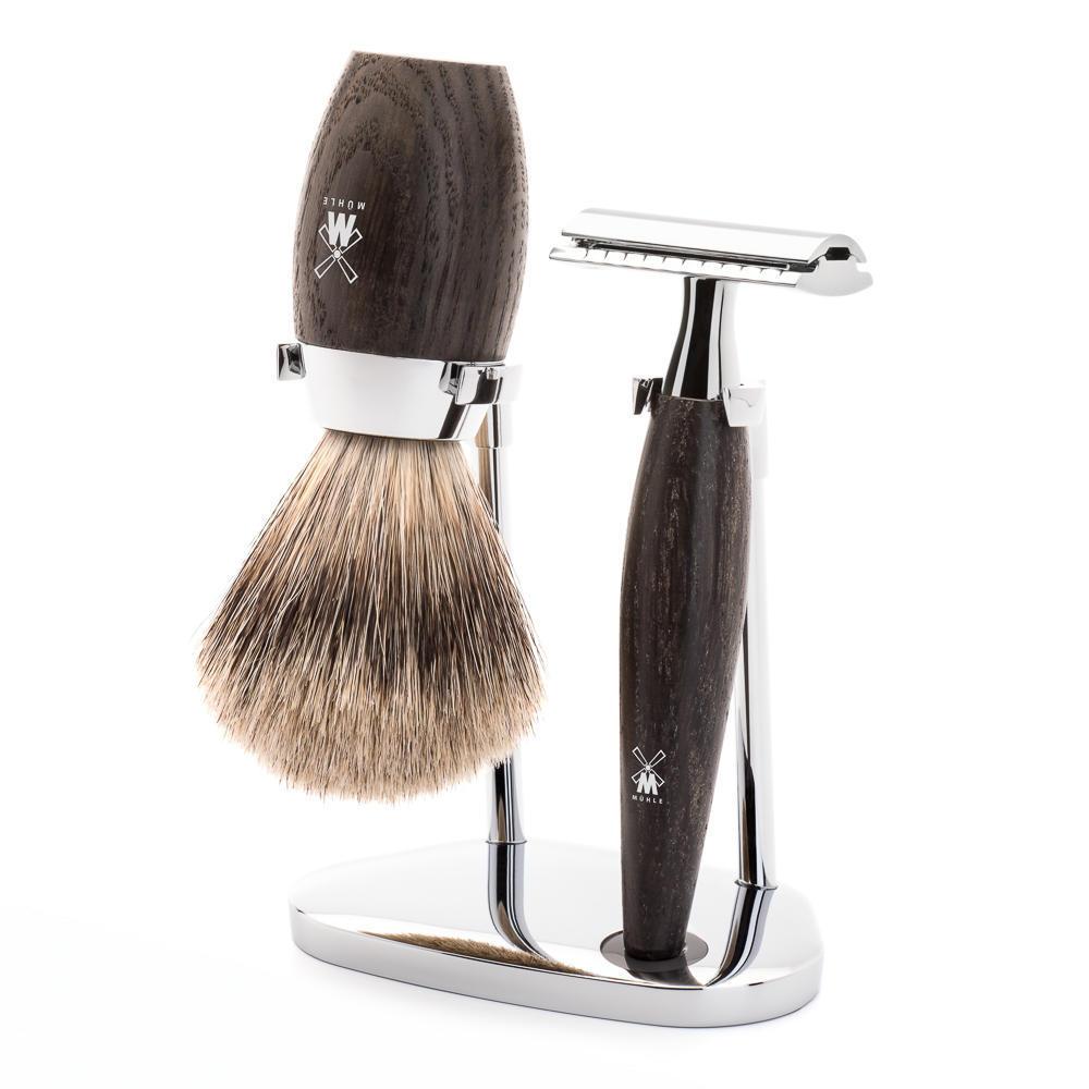 Conjunto de barbear MÜHLE Kosmo Bog Oak de 3 peças com texugo fino e lâmina de segurança