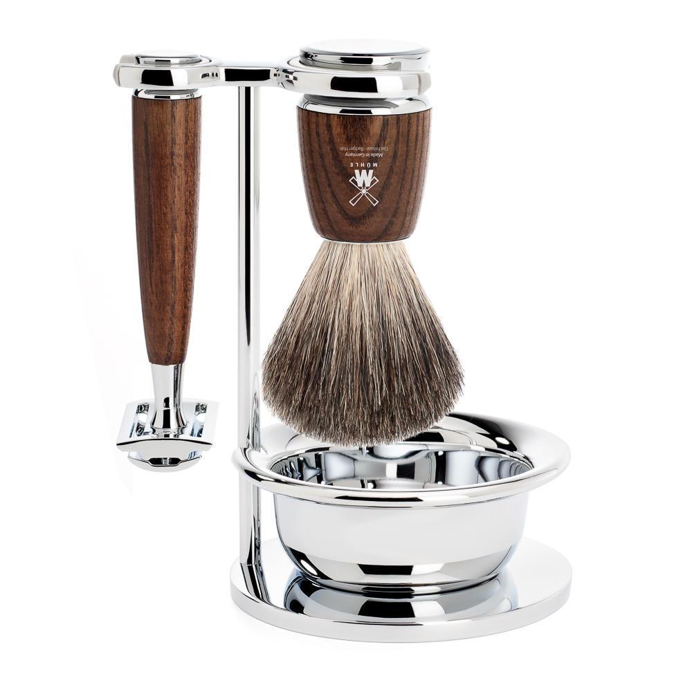 Set de afeitado Mühle rytmo steamed ash de tejón puro de 4 piezas y maquinilla de afeitar de seguridad