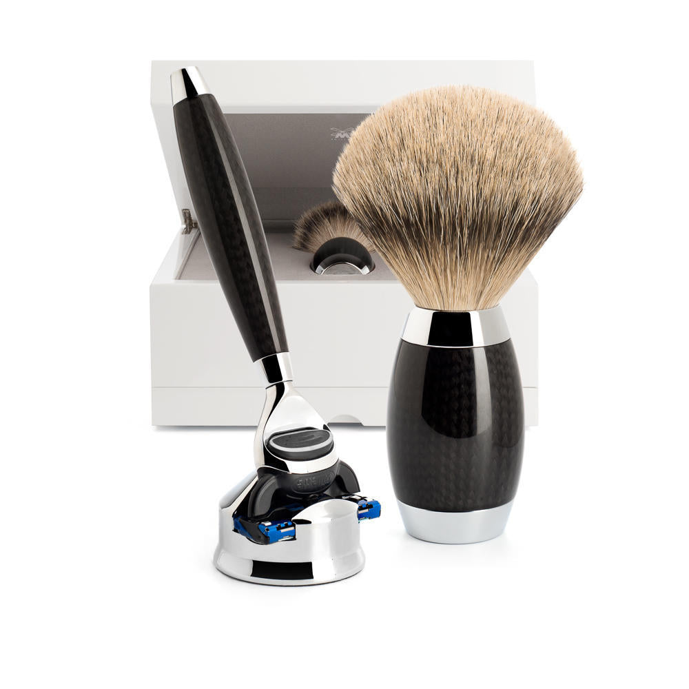 Conjunto de barbear de texugo com ponta prateada de 3 peças em carbono Mühle edition