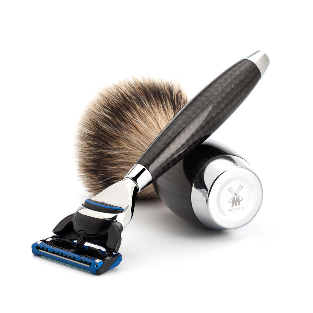 Conjunto de barbear de texugo com ponta prateada de 3 peças em carbono Mühle edition, vista alternativa