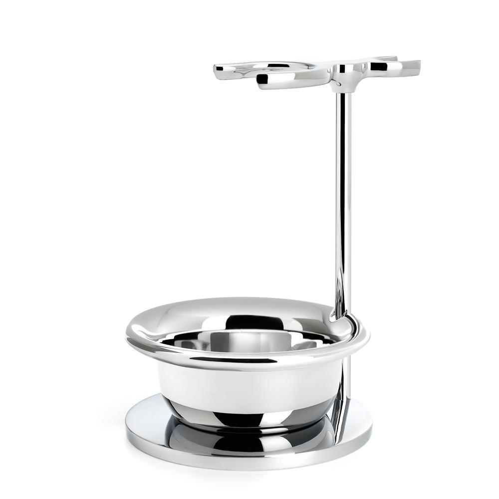 MÜHLE Sophist Porcelain 4-Piece Silvertip Badger & Fusion Razor Shaving Set, Chrome-plated Soap Dish and Metal Stand