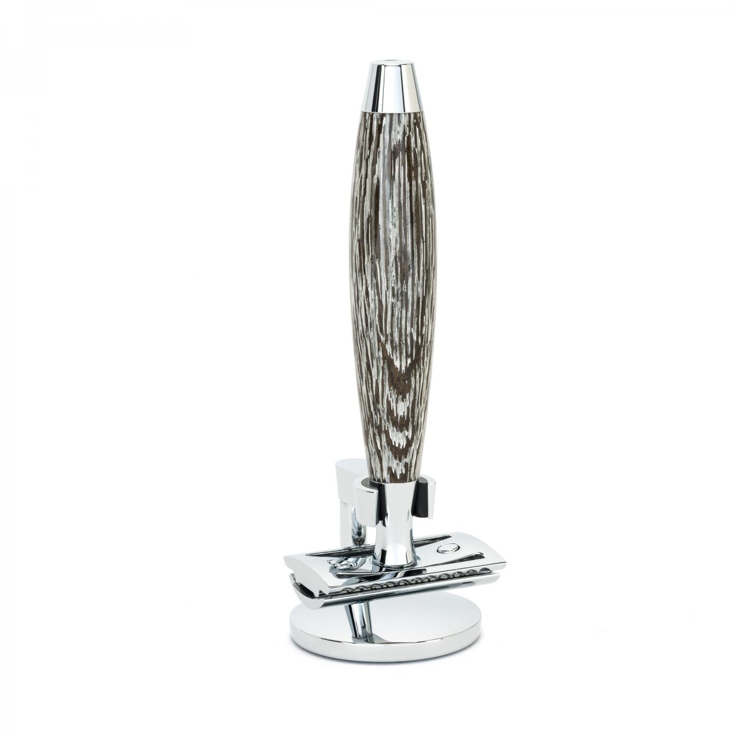 Conjunto de barbear, suporte e navalha de 3 peças de fibra Silvertip e lâmina de segurança MÜHLE Edition Ancient Oak & Silver