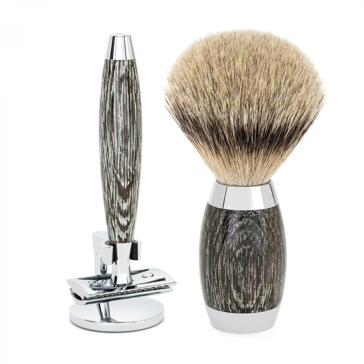 MÜHLE Edition Ancient Oak & Silver Juego de afeitado de 3 piezas Silvertip Badger y maquinilla de afeitar de seguridad