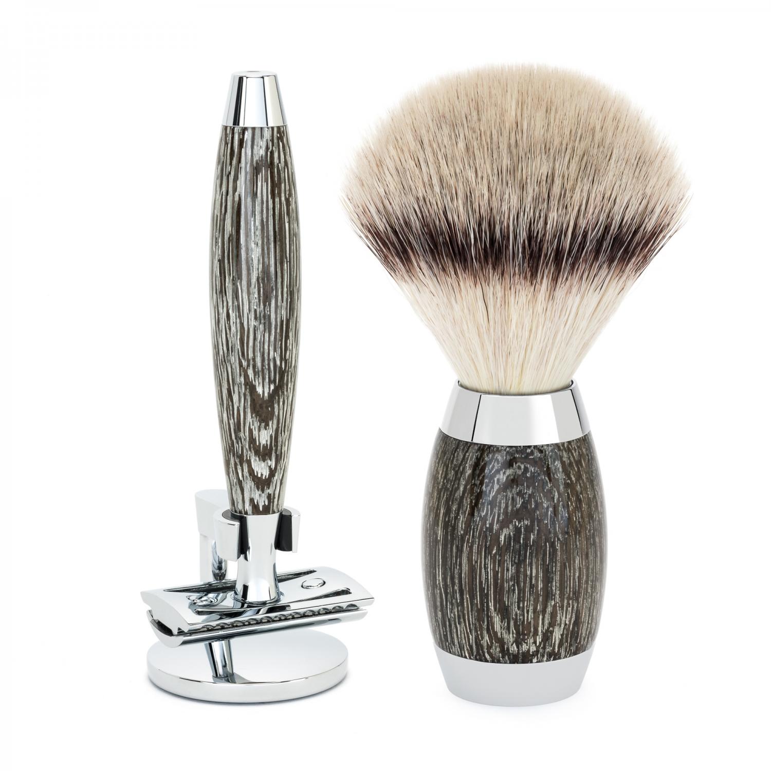 MÜHLE Edition Ancient Oak & Silver Juego de afeitado de fibra y maquinilla de afeitar de seguridad con punta plateada de 3 piezas