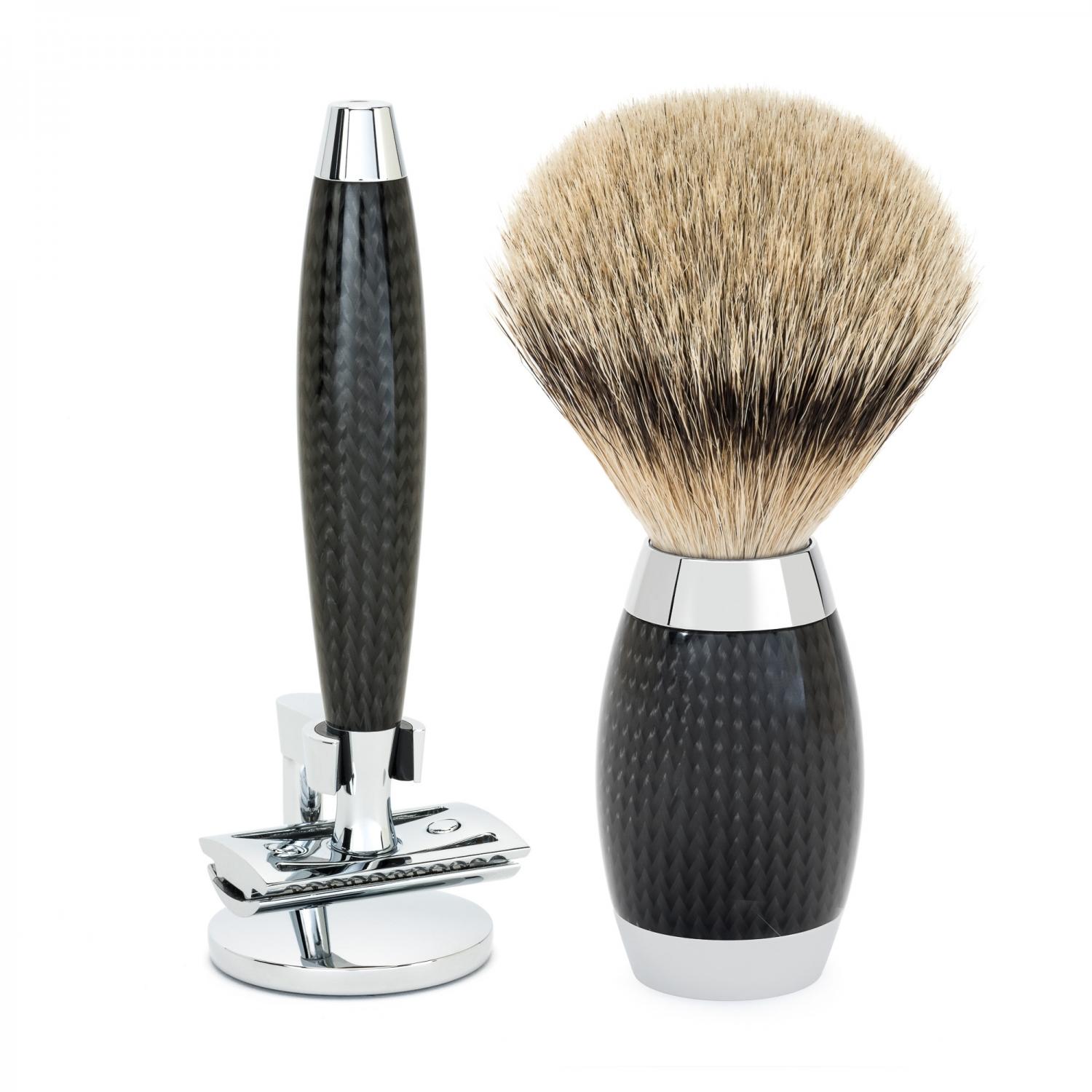 Conjunto de barbear com texugo e navalha de segurança de 3 peças de carbono MÜHLE Edition