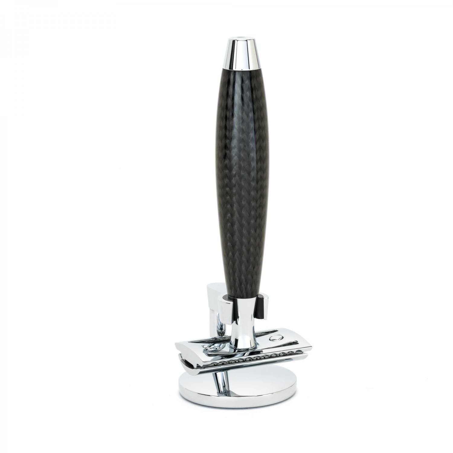 Conjunto de barbear, suporte e lâmina de barbear MÜHLE Edition de carbono de 3 peças de fibra Silvertip e lâmina de segurança