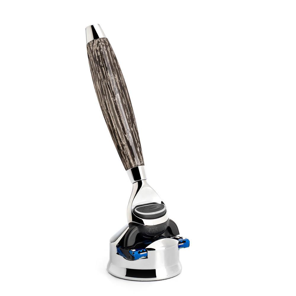 MÜHLE Edition Ancient Oak &amp; Sterling Silver 3-Piece Silvertip Badger &amp; Fusion Set, Stand and Razor