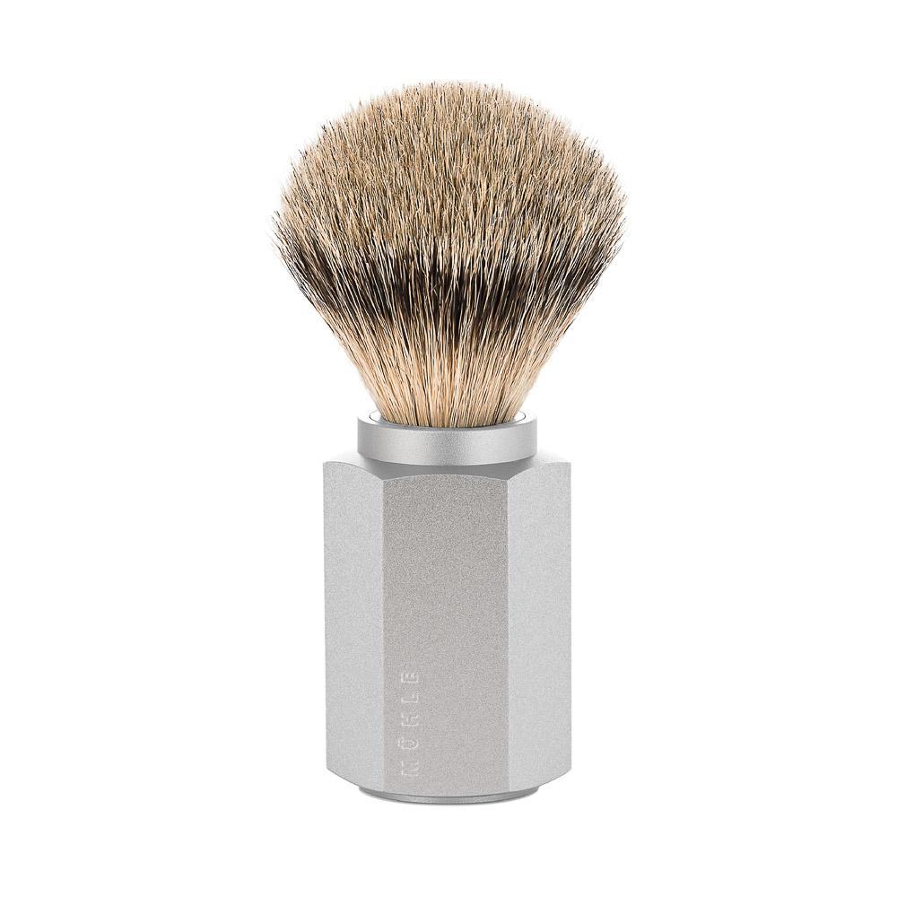 MÜHLE Hexagon Anodized Silver Silvertip Badger 3-Piece Shaving Set, Shaving Brush