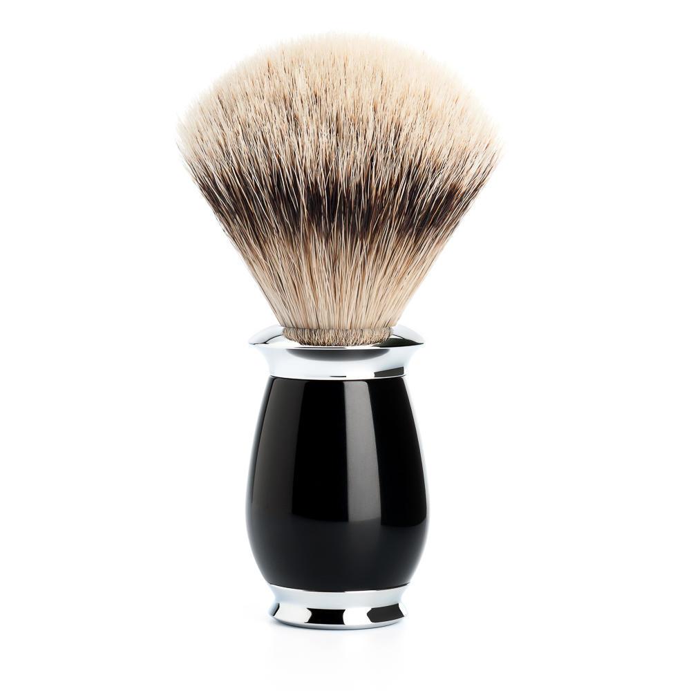 Conjunto de barbear MÜHLE Purist Black de 3 peças com texugo Silvertip e navalha de segurança, pincel de barbear Silvertip Badger