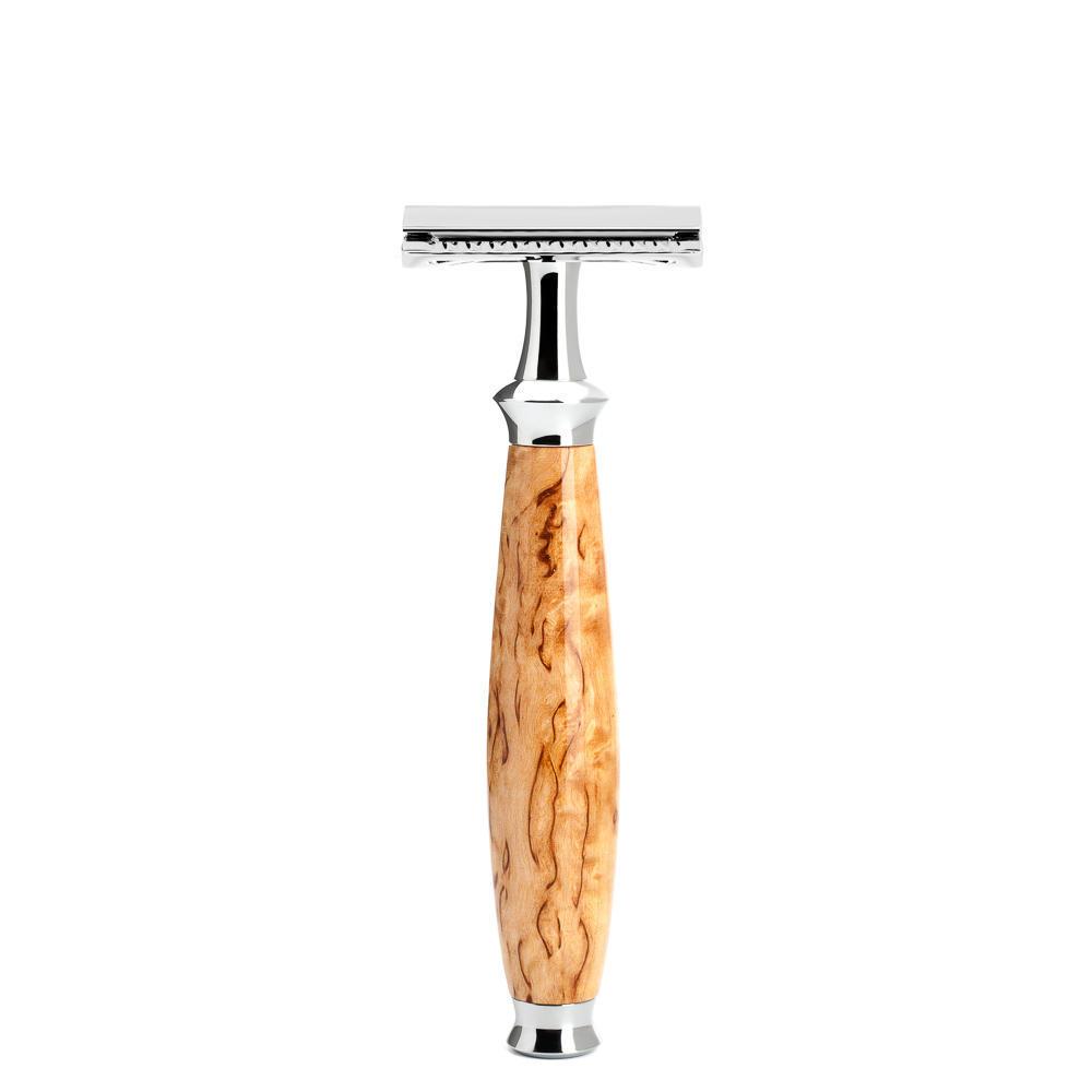 Mühle purist karelian masur birch set de afeitado tejón punta plateada y maquinilla de afeitar de 3 piezas, maquinilla de afeitar de peine cerrado