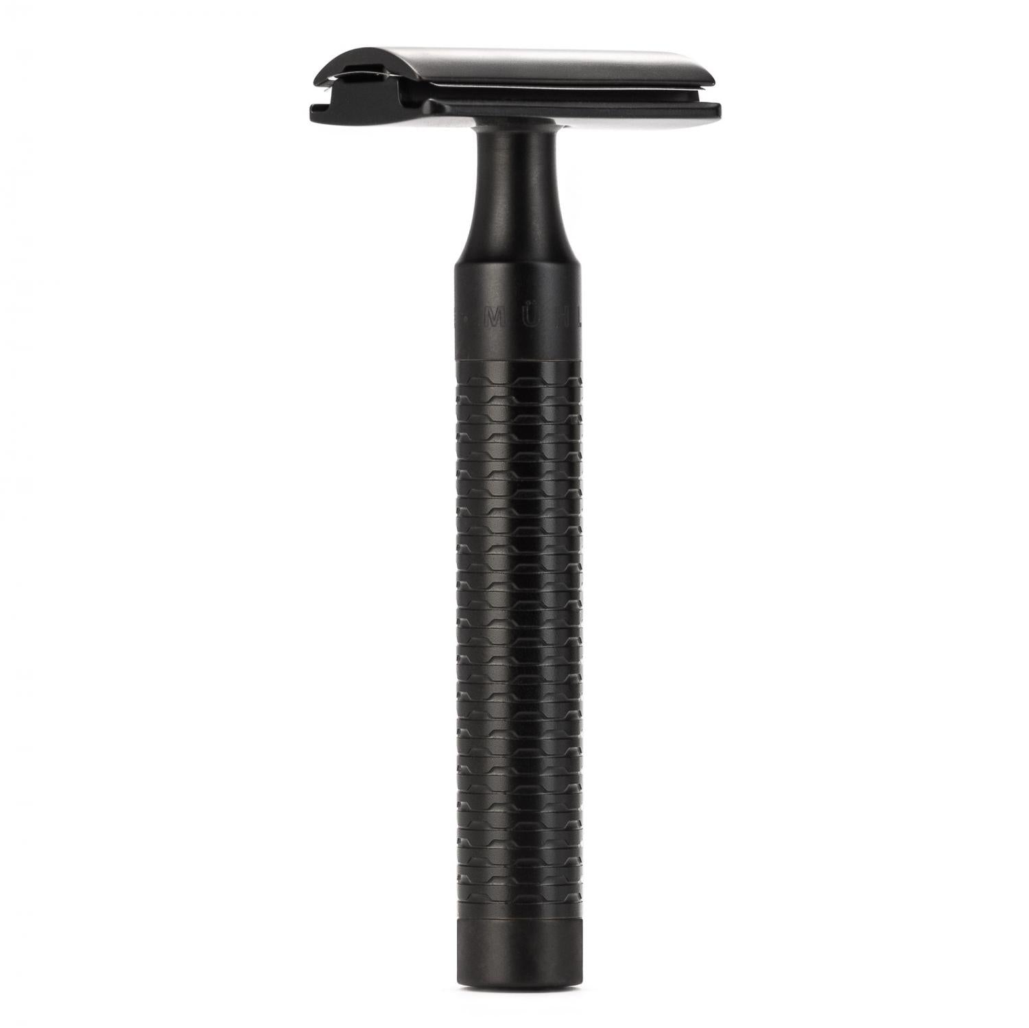 Conjunto de barbear MÜHLE Rocca preto de aço inoxidável de 3 peças com ponta prateada e lâmina de segurança, navalha