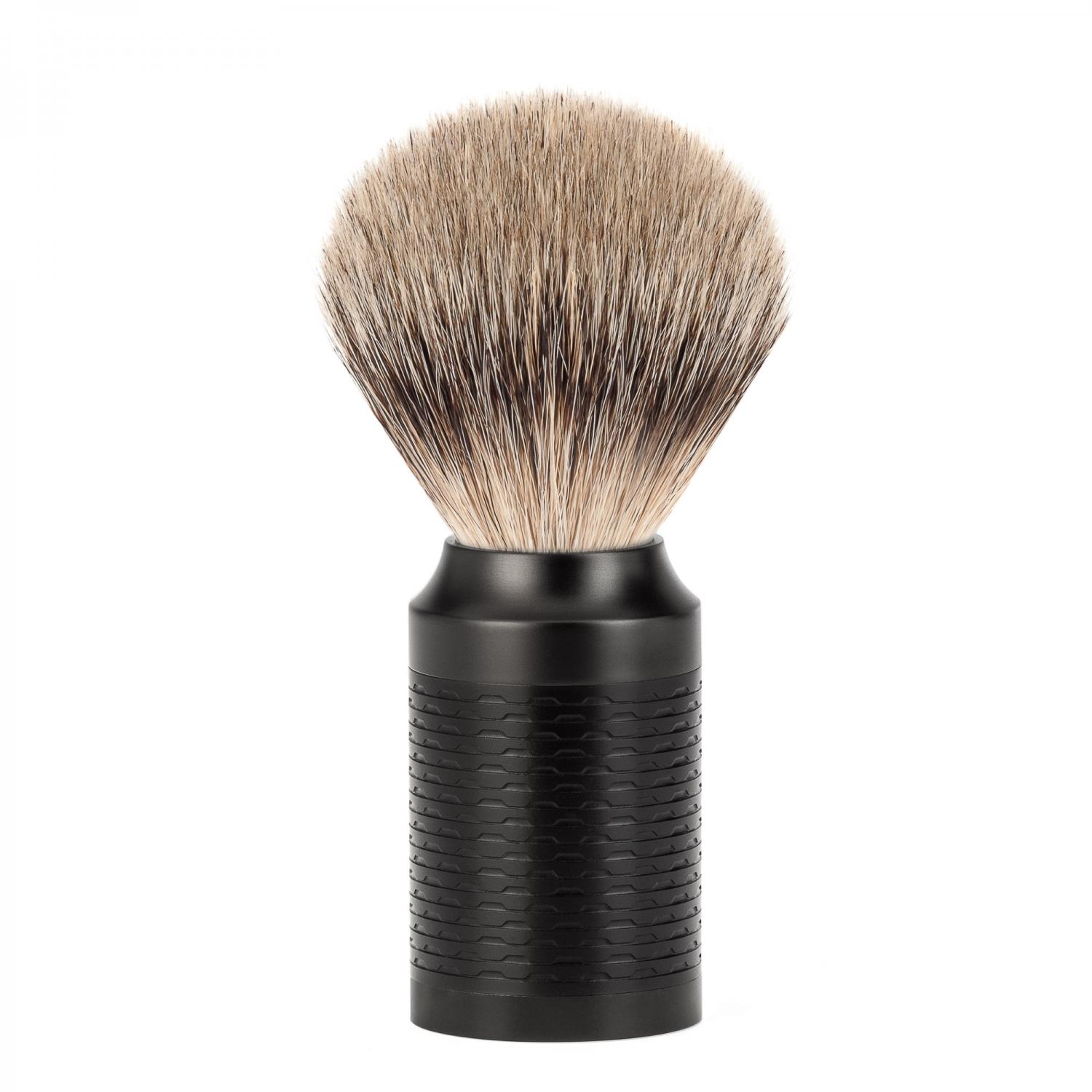 Conjunto de barbear MÜHLE Rocca preto de aço inoxidável de 3 peças com ponta prateada e lâmina de segurança, pincel de barbear