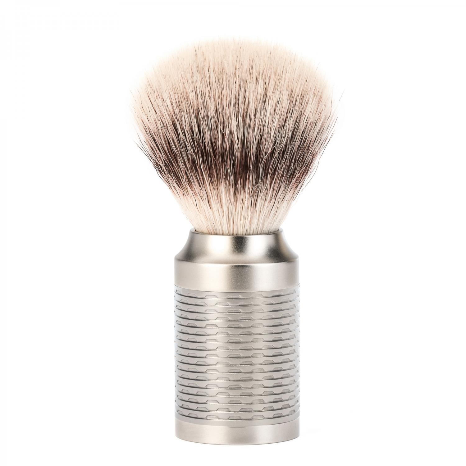 Conjunto de barbear MÜHLE Rocca Silver Matt aço inoxidável de 3 peças de fibra Silvertip e lâmina de segurança, pincel de barbear