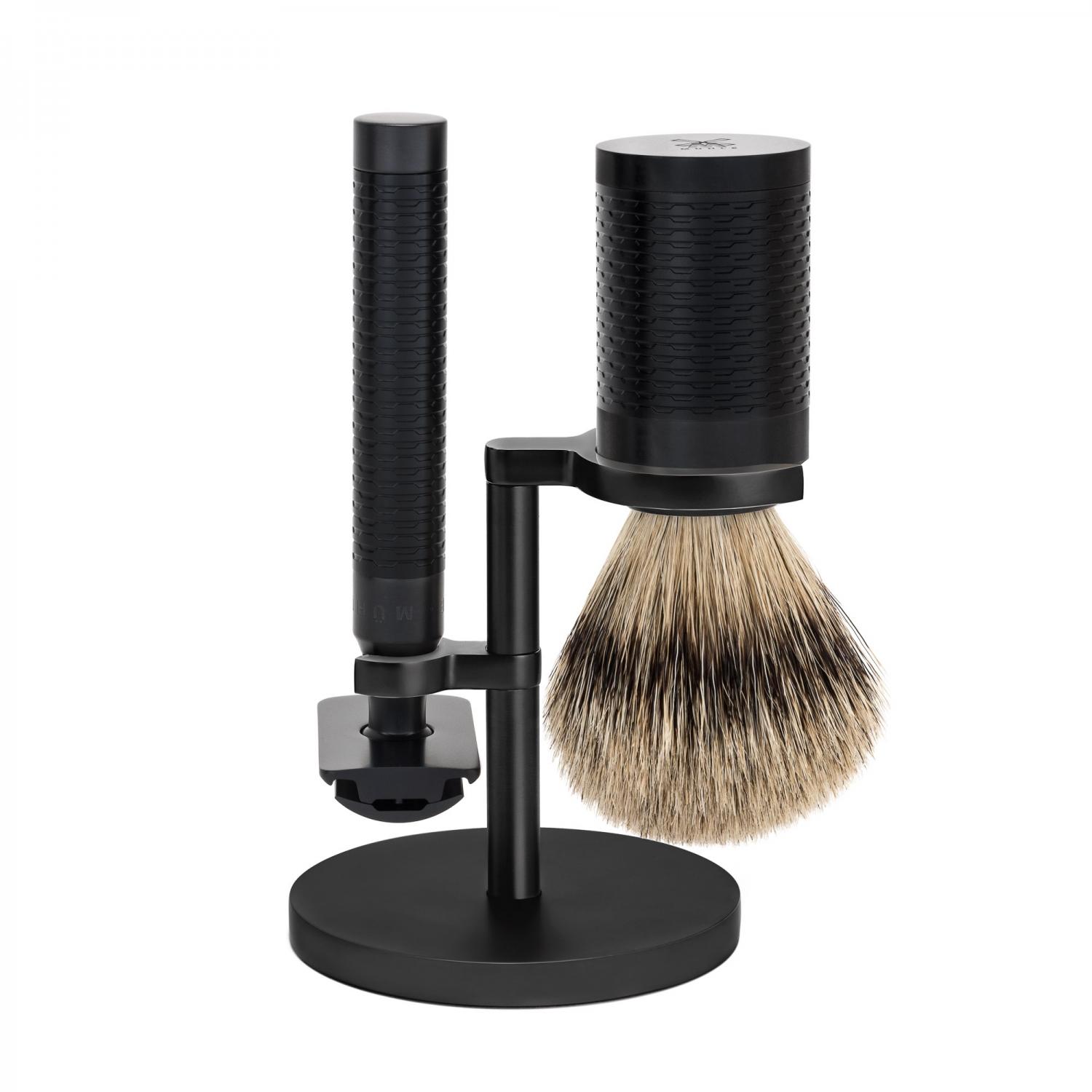 MÜHLE Rocca Conjunto de barbear com 3 peças de texugo e navalha de segurança em aço inoxidável preto MÜHLE