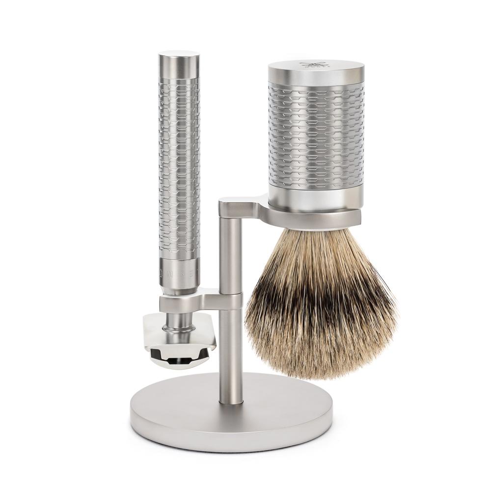 MÜHLE Set de afeitado Rocca Silver Matt de acero inoxidable, 3 piezas, tejón con punta plateada y maquinilla de afeitar de seguridad