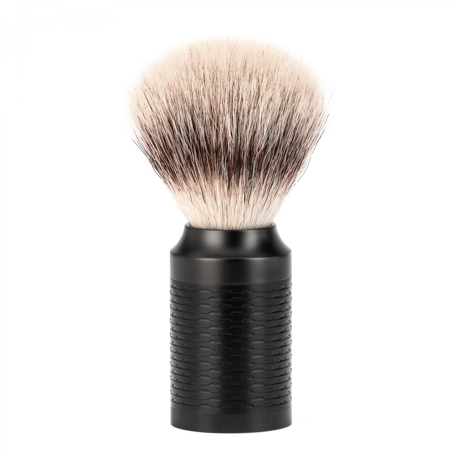 Conjunto de barbear MÜHLE Rocca preto de aço inoxidável de 3 peças de fibra Silvertip e lâmina de segurança, pincel de barbear