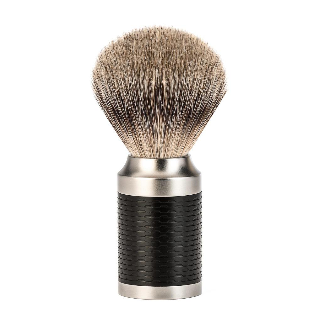 Conjunto de barbear MÜHLE Rocca em aço inoxidável e preto com 3 peças de texugo com ponta prateada e lâmina de segurança, pincel de barbear