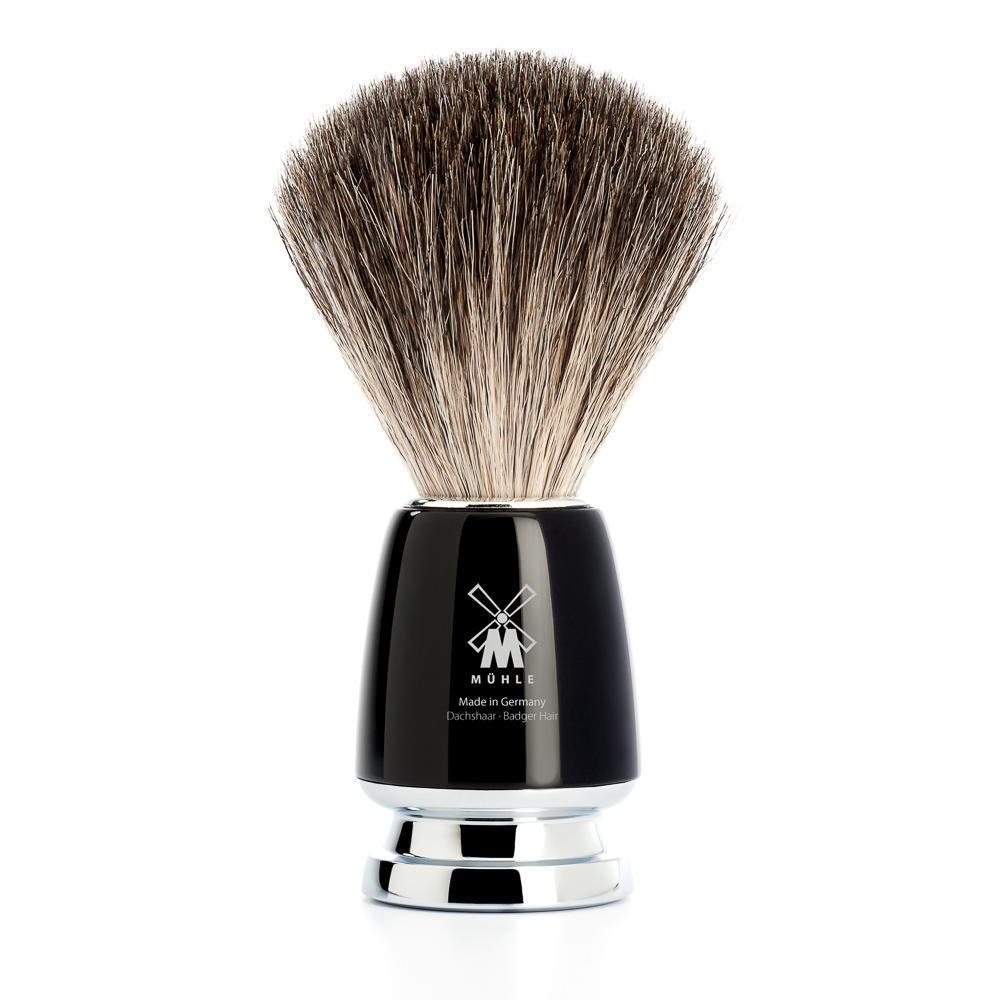 Conjunto de barbear MÜHLE Rytmo preto de 3 peças com texugo puro e lâmina de segurança, pincel de barbear com texugo puro