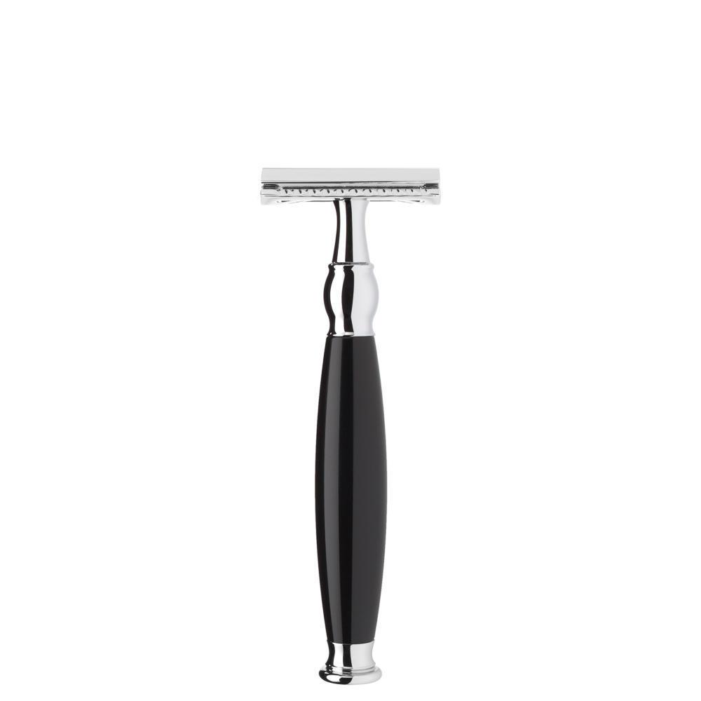 Set de afeitado tejón punta plateada y maquinilla de afeitar Mühle sophist black de 4 piezas, maquinilla de afeitar de peine cerrado