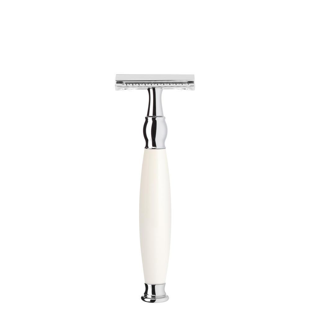 MÜHLE Sophist Porcelain 4-piece Silvertip Fiber & Safety Razor Shaving Set, Closed Comb Safety Razor