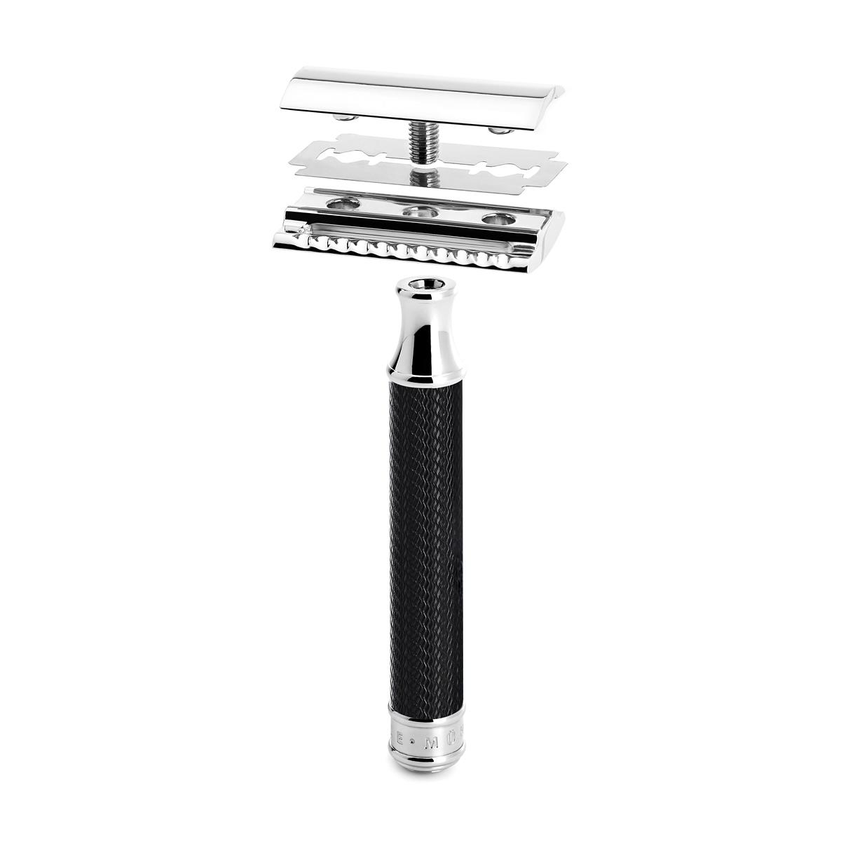 Set de afeitado Mühle negro/cromo fibra punta plateada / maquinilla de afeitar (peine cerrado)