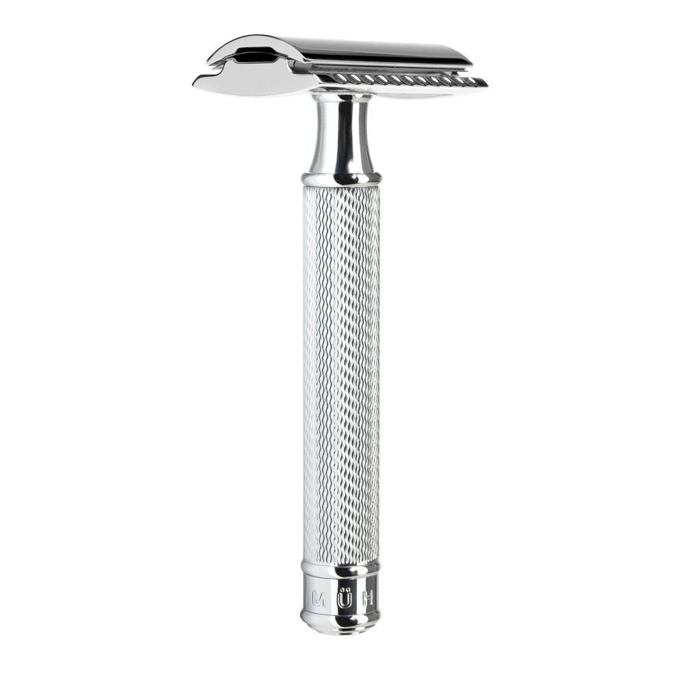 Set de afeitado maquinilla de afeitar de seguridad Mühle chrome silvertip fibra y peine cerrado, maquinilla de afeitar de peine cerrado