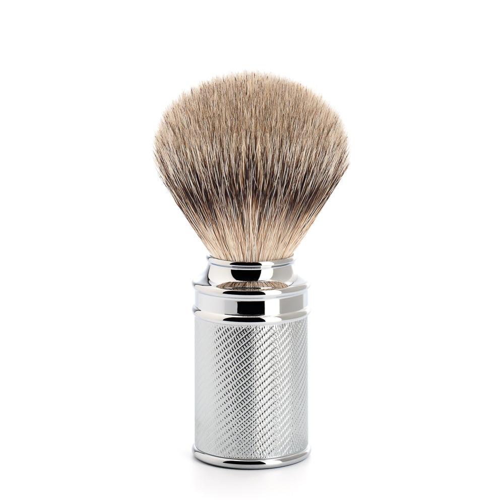 Conjunto de barbear MÜHLE Chrome Silvertip Badger e pente aberto, escova de barbear Silvertip Badger