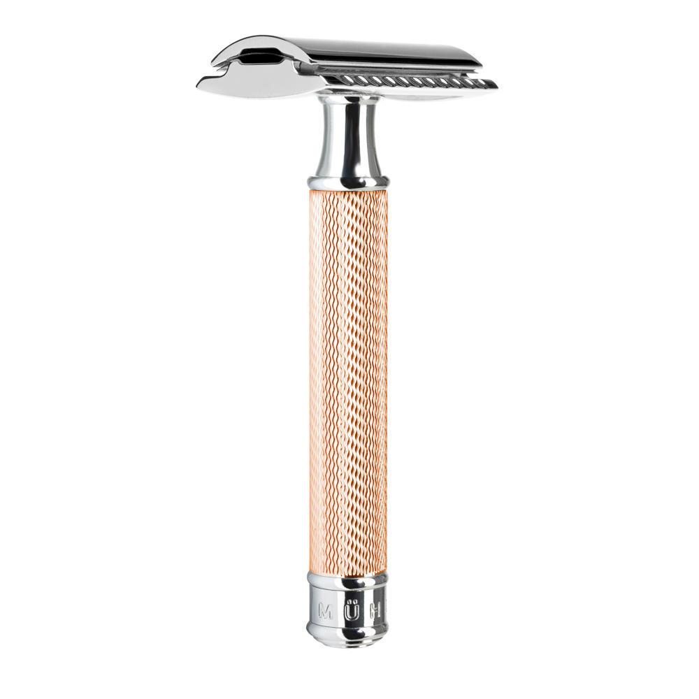 Set de afeitado Mühle rosegold punta plata tejón y maquinilla de afeitar de peine cerrado, maquinilla de afeitar de peine cerrado