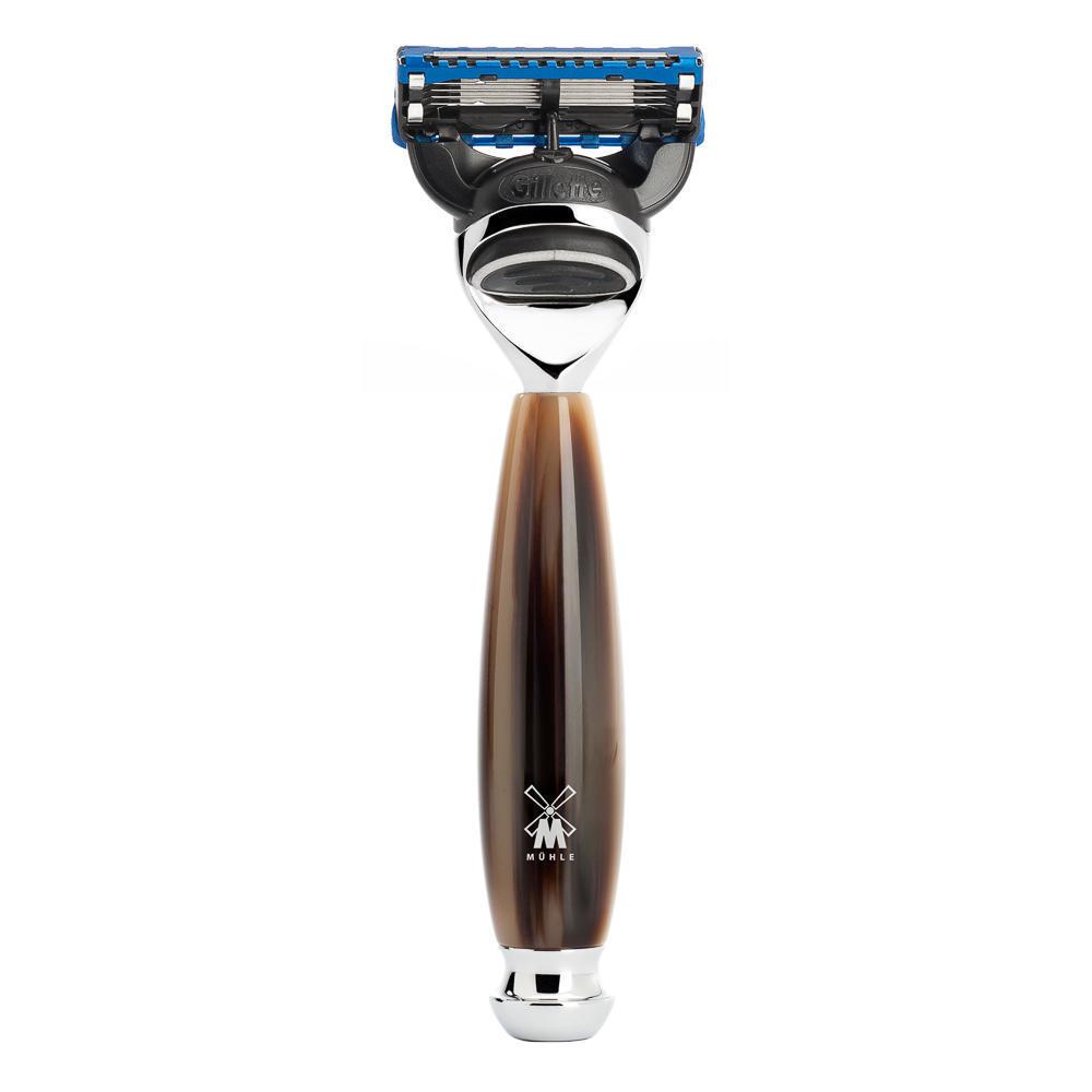 Conjunto de barbear MÜHLE Vivo Brown Horn de 4 peças de fibra preta e fusão, navalha