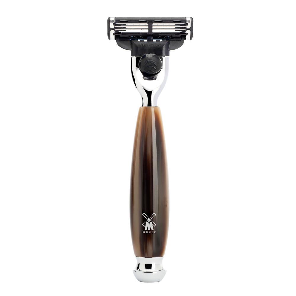 MÜHLE Vivo Brown Horn 4-Piece Pure Badger &amp; Mach-3 Shaving Set, Razor