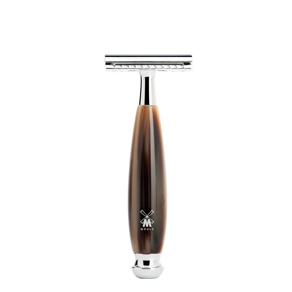 Conjunto de barbear MÜHLE Vivo Brown Horn de 4 peças com texugo puro e lâmina de segurança, navalha