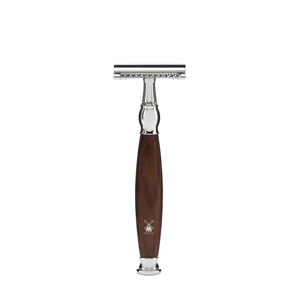 MÜHLE Sophist Ironwood Juego de afeitado de fibra y maquinilla de afeitar de seguridad con punta plateada de 4 piezas, Maquinilla de afeitar