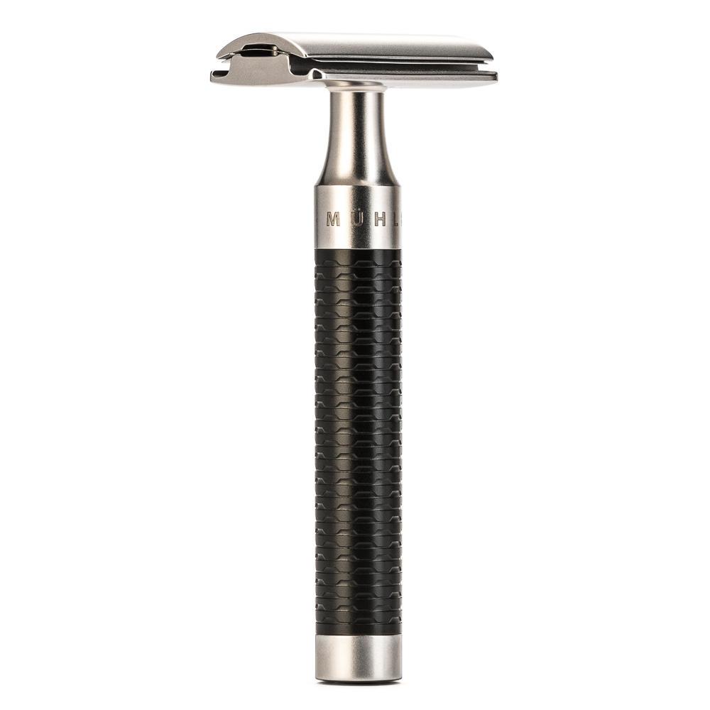 Conjunto de barbear MÜHLE Rocca em aço inoxidável e preto de 3 peças com fibra Silvertip e lâmina de segurança, navalha