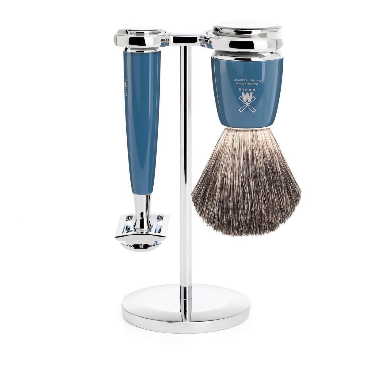 Mühle rytmo azul gasolina 3 unid. conjunto de barbear de texugo puro / aparelho de barbear