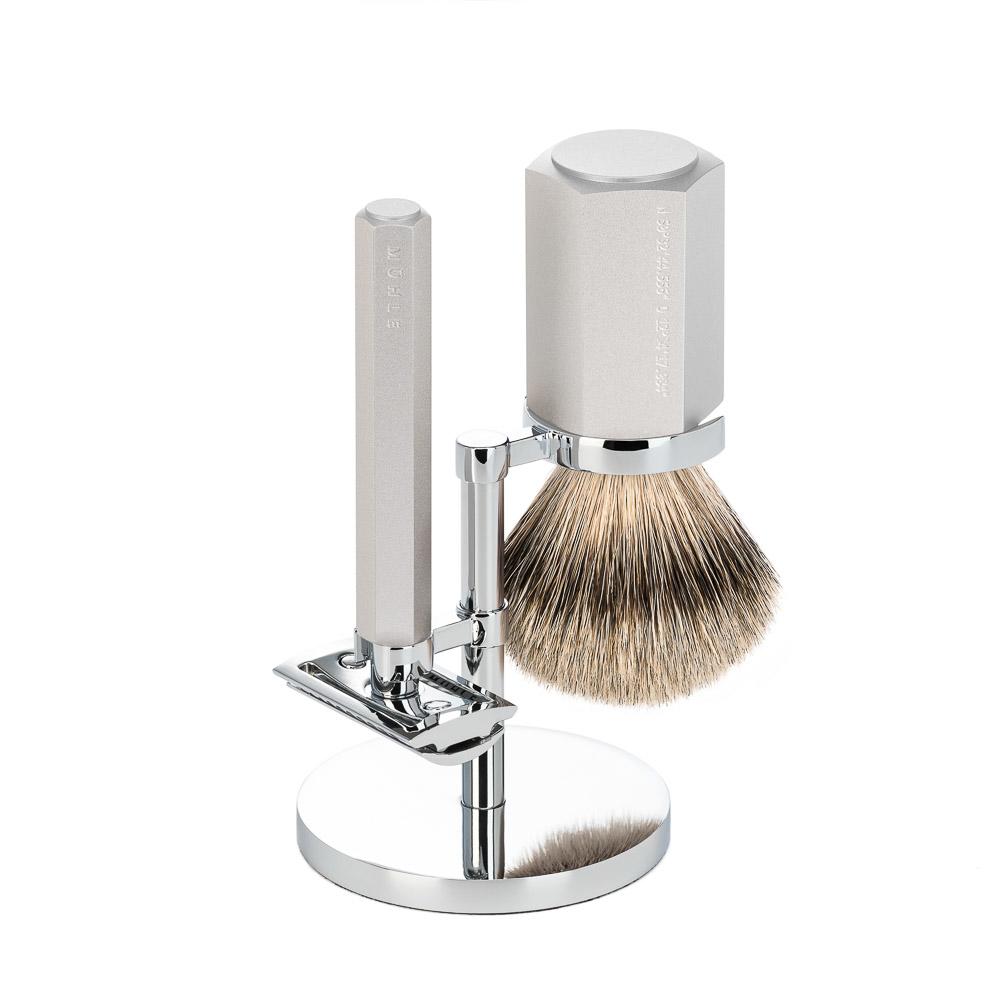 MÜHLE Hexagon Anodized Silver Silvertip Badger 3-Piece Shaving Set, Alternative View