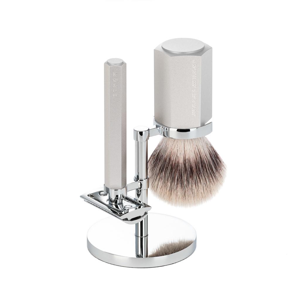 MÜHLE Hexagon Anodized Silver Silvertip Fiber 3-Piece Shaving Set, Alternate View