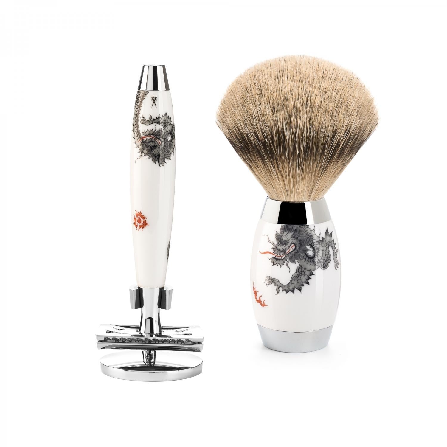 MÜHLE Meissen Juego de maquinilla de afeitar y maquinilla de afeitar Silvertip Badger de 3 piezas