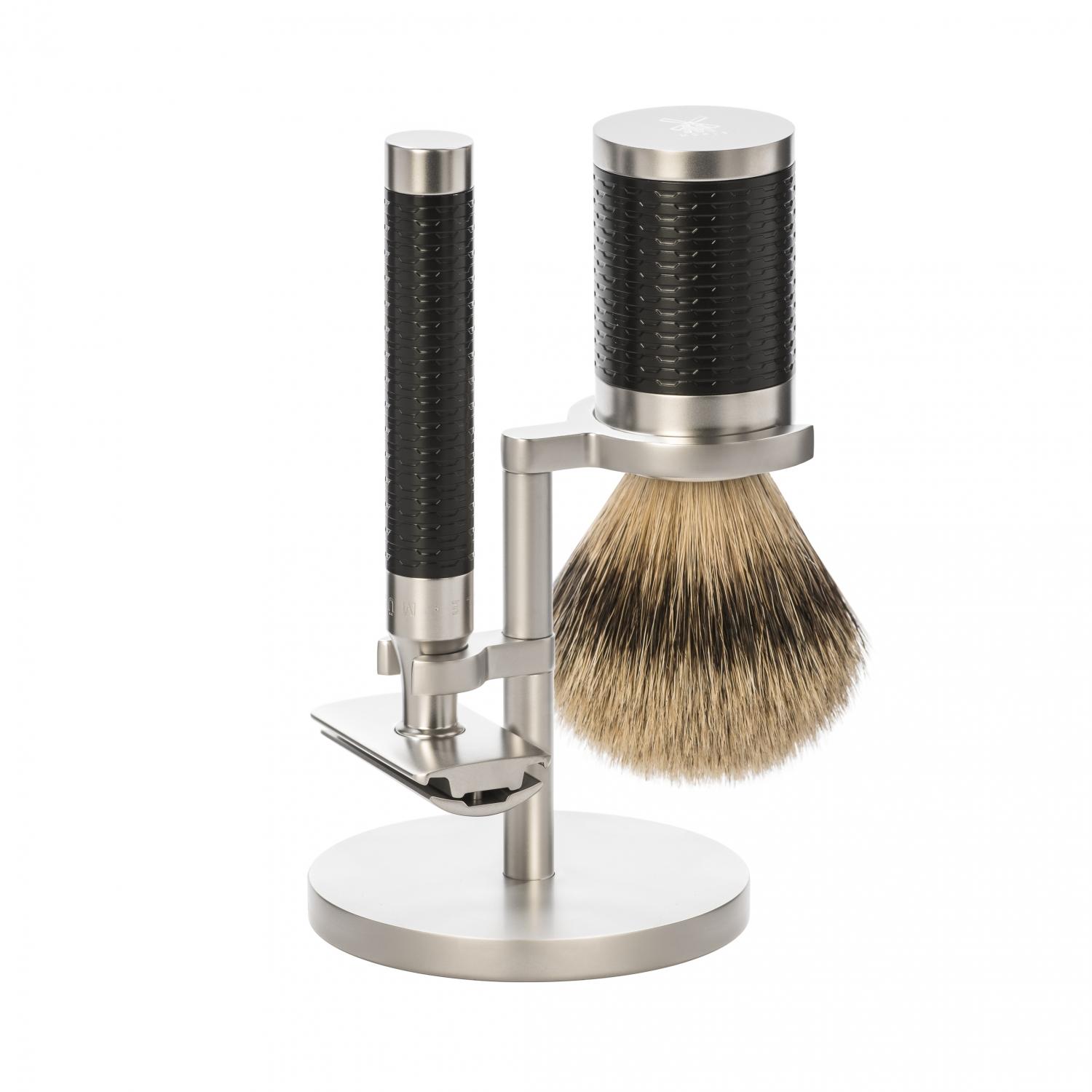 Set de afeitado Mühle Rocca acero inoxidable y negro tejón punta plateada de 3 piezas y maquinilla de afeitar de seguridad