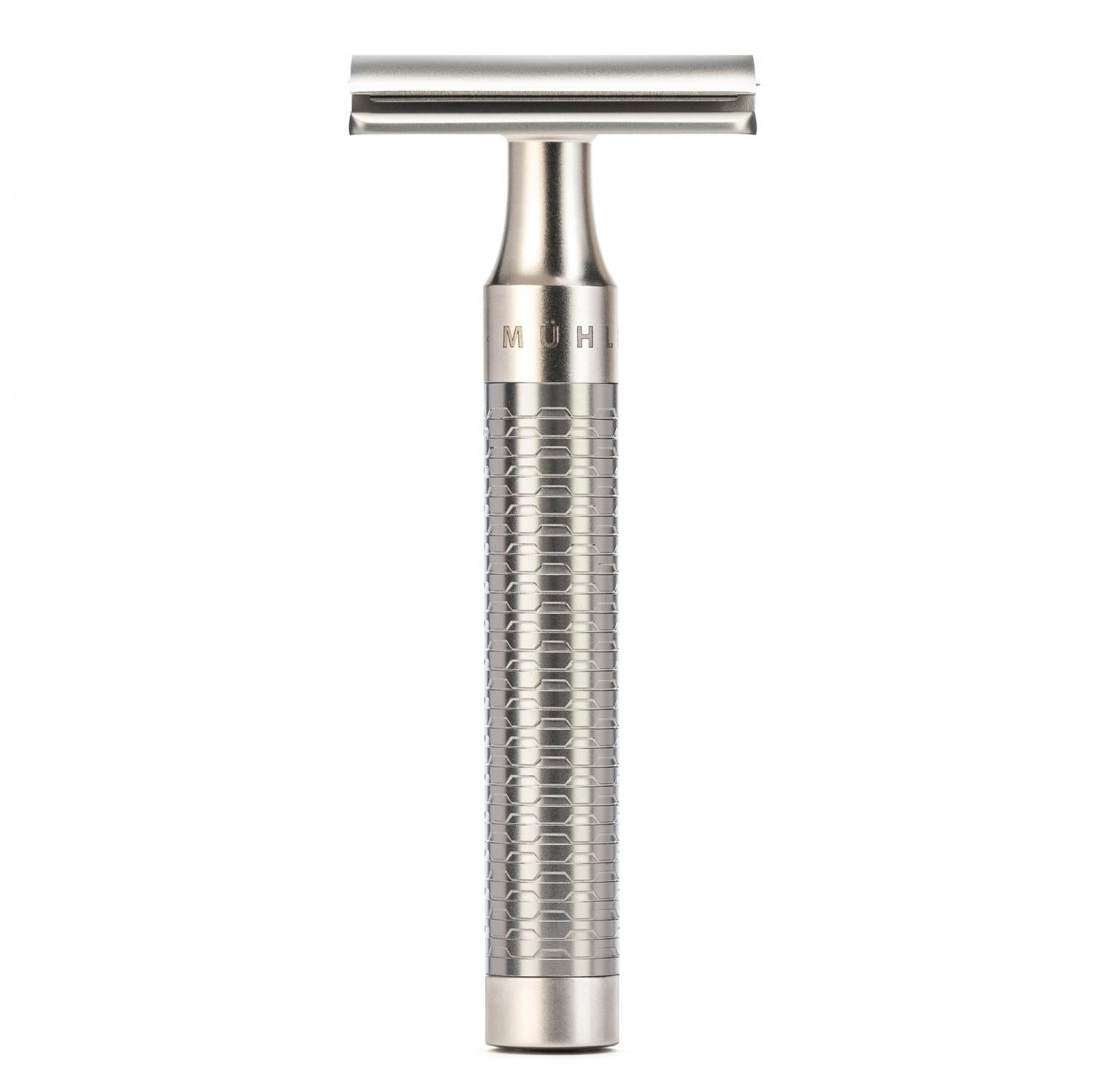 Conjunto de barbear MÜHLE Rocca Silver Matt aço inoxidável de 3 peças de fibra Silvertip e lâmina de segurança, navalha